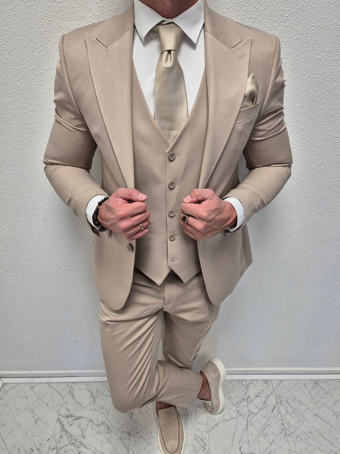 Liya Karamel Beige Heren 3-delig Pak Klassiek