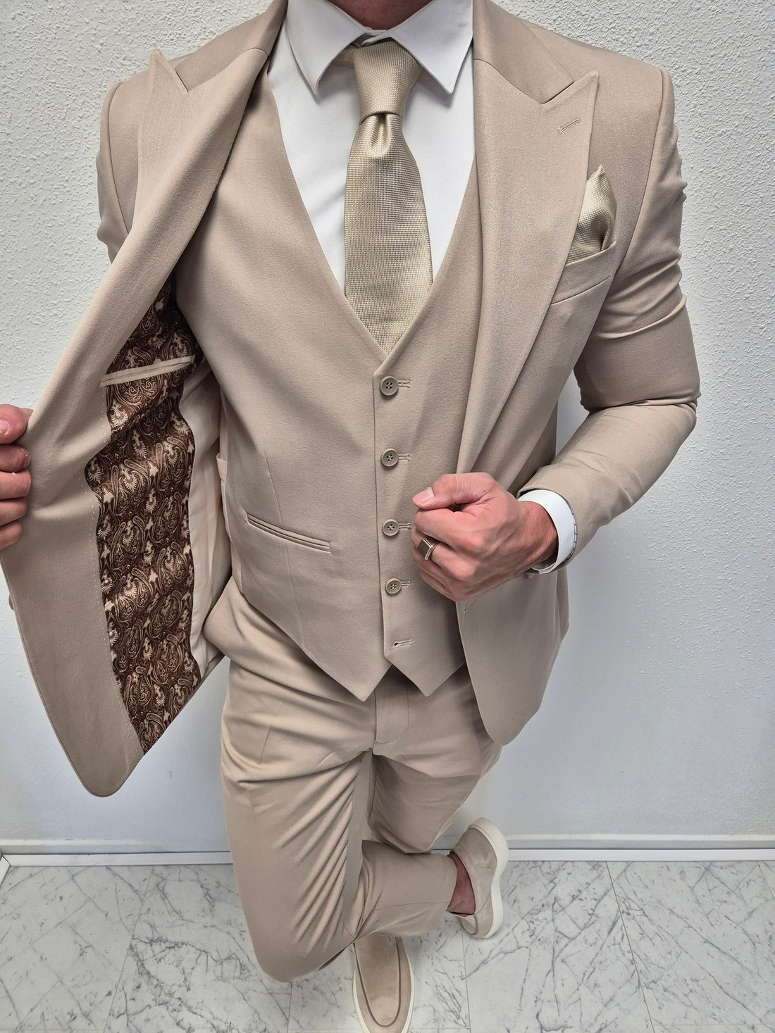 Liya Karamel Beige Heren 3-delig Pak Klassiek