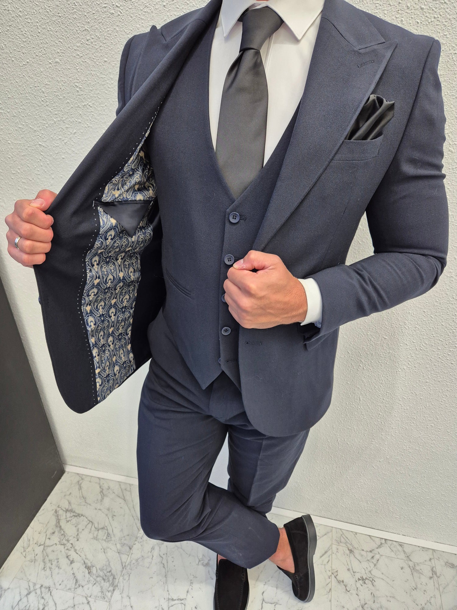 London Heren 3-delig Pak Marine Blauw Klassiek