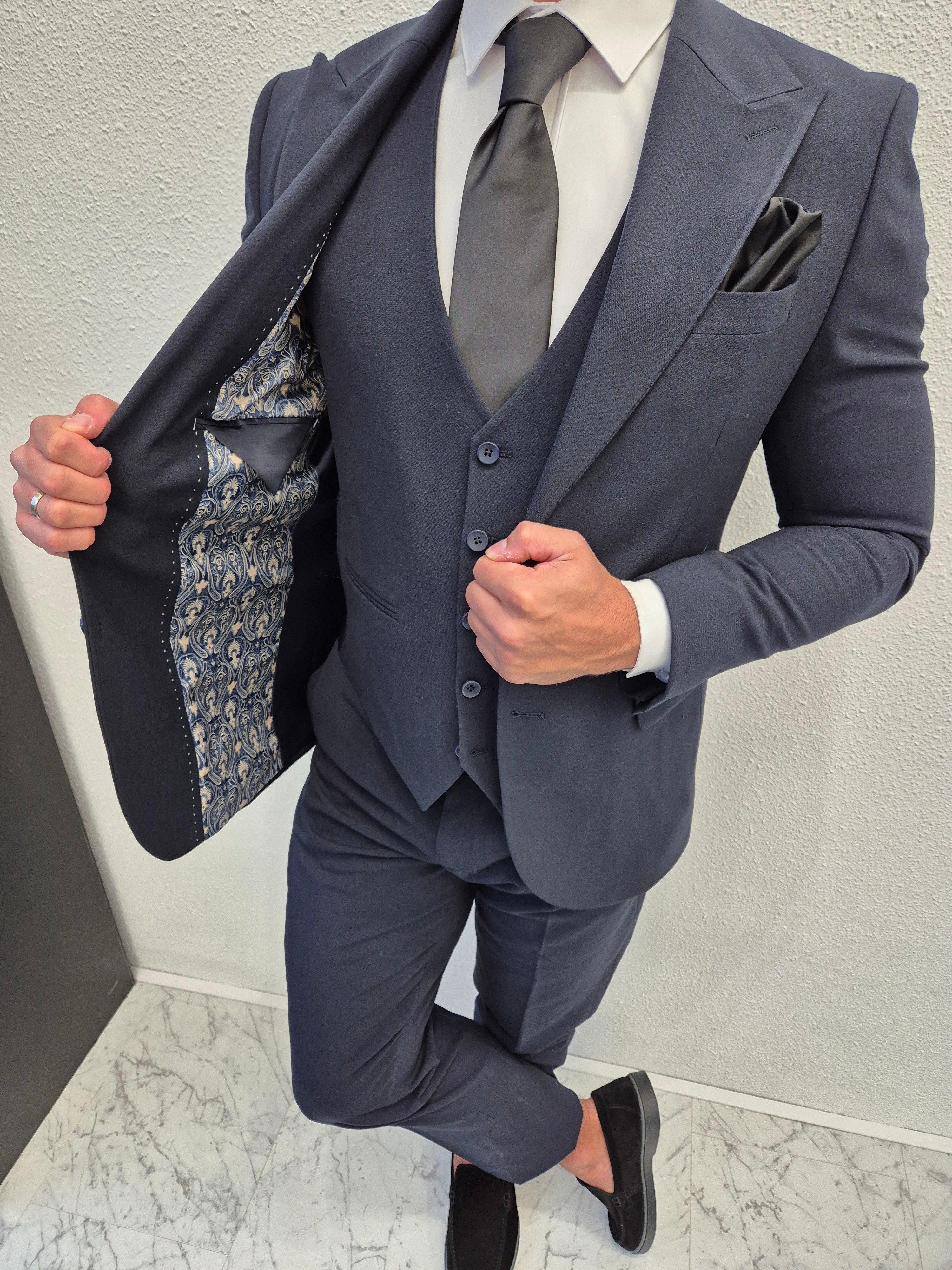 London Heren 3-delig Pak Marine Blauw Klassiek