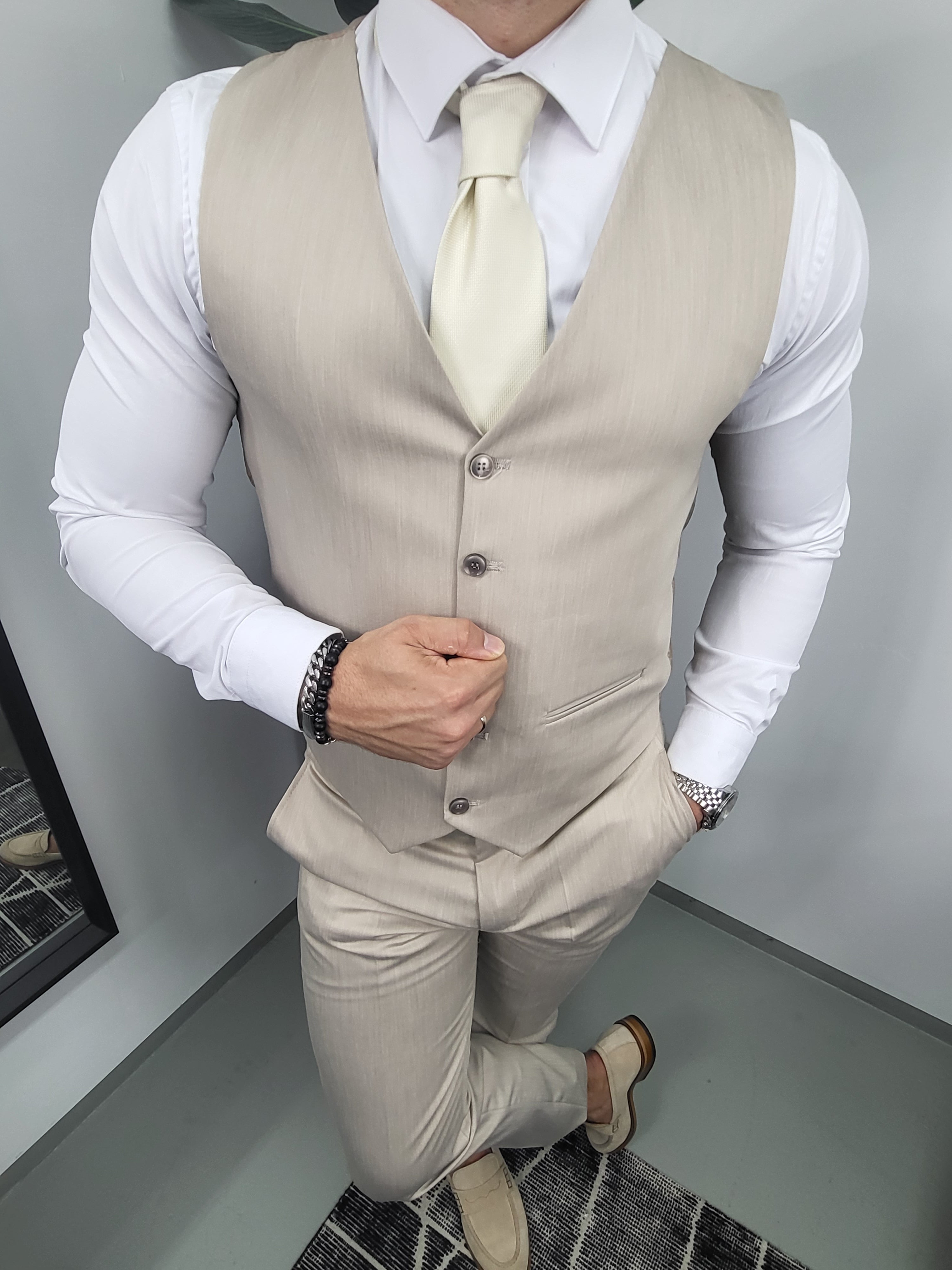 Malaga Premium Beige Heren 3-delig Pak Klassiek