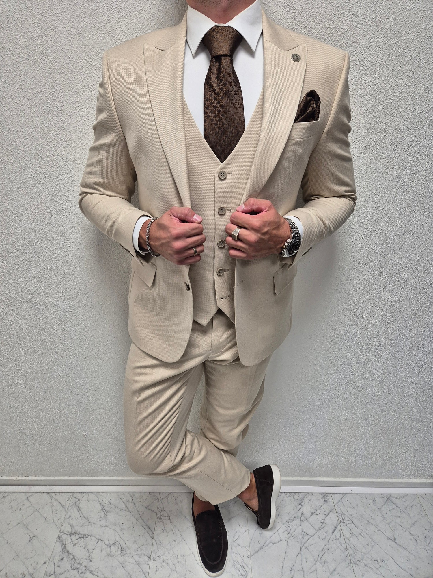Malibu Beige Patroon Heren 3-delig Pak