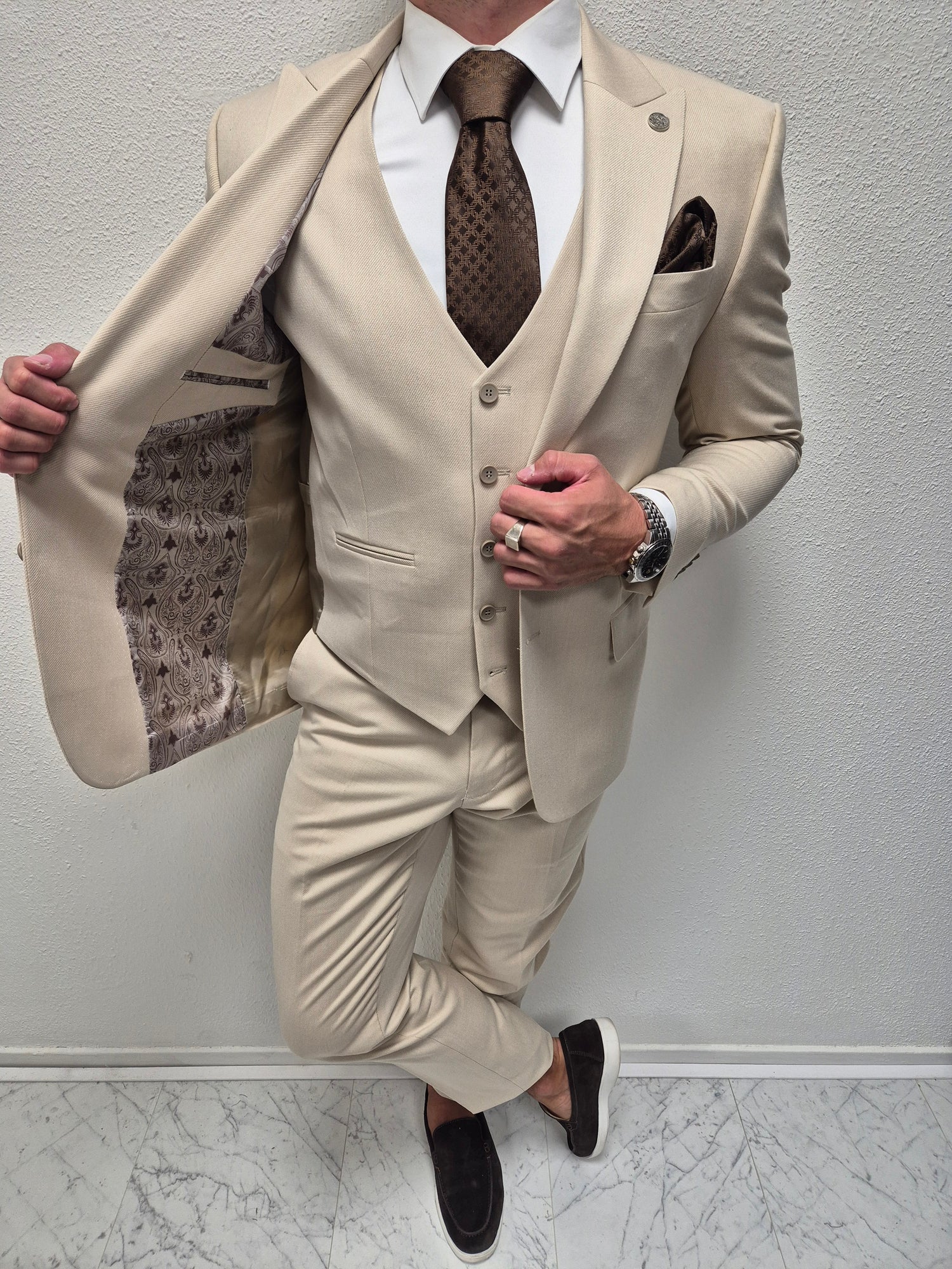 Malibu Beige Patroon Heren 3-delig Pak