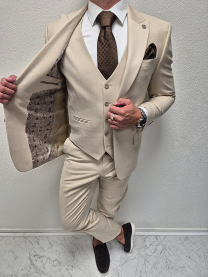 Malibu Beige Patroon Heren 3-delig Pak