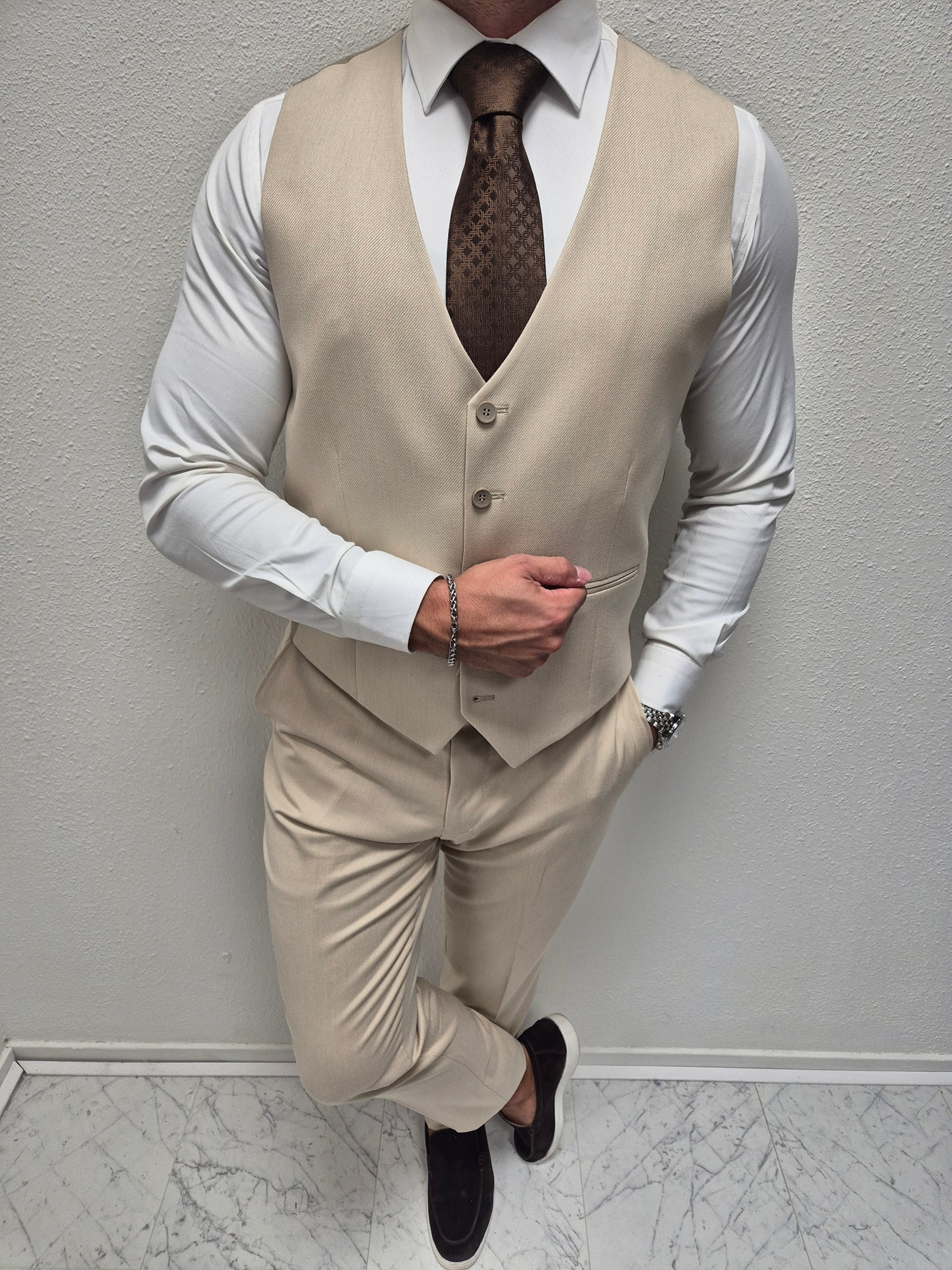Malibu Beige Patroon Heren 3-delig Pak
