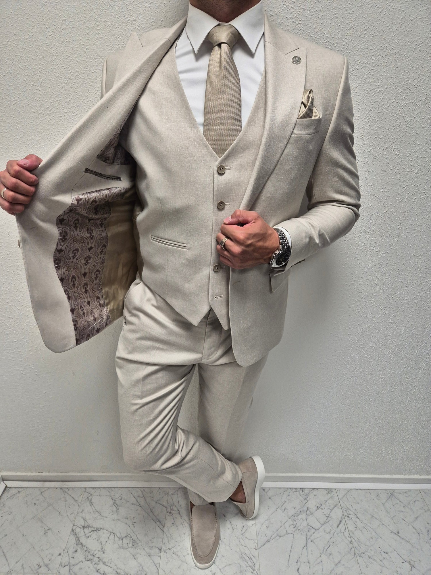 Malibu Beige Wit Patroon Heren 3-delig Pak