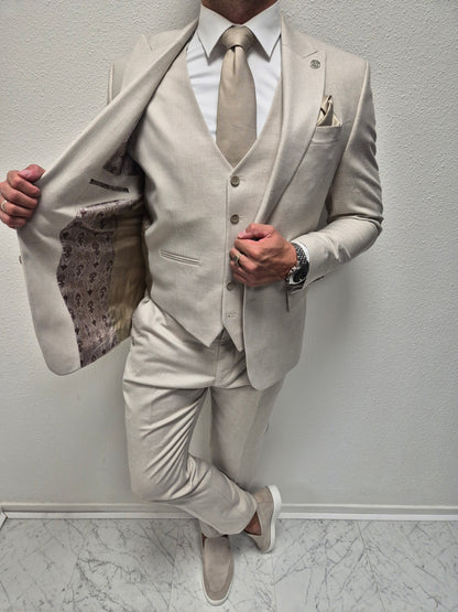 Malibu Beige Wit Patroon Heren 3-delig Pak