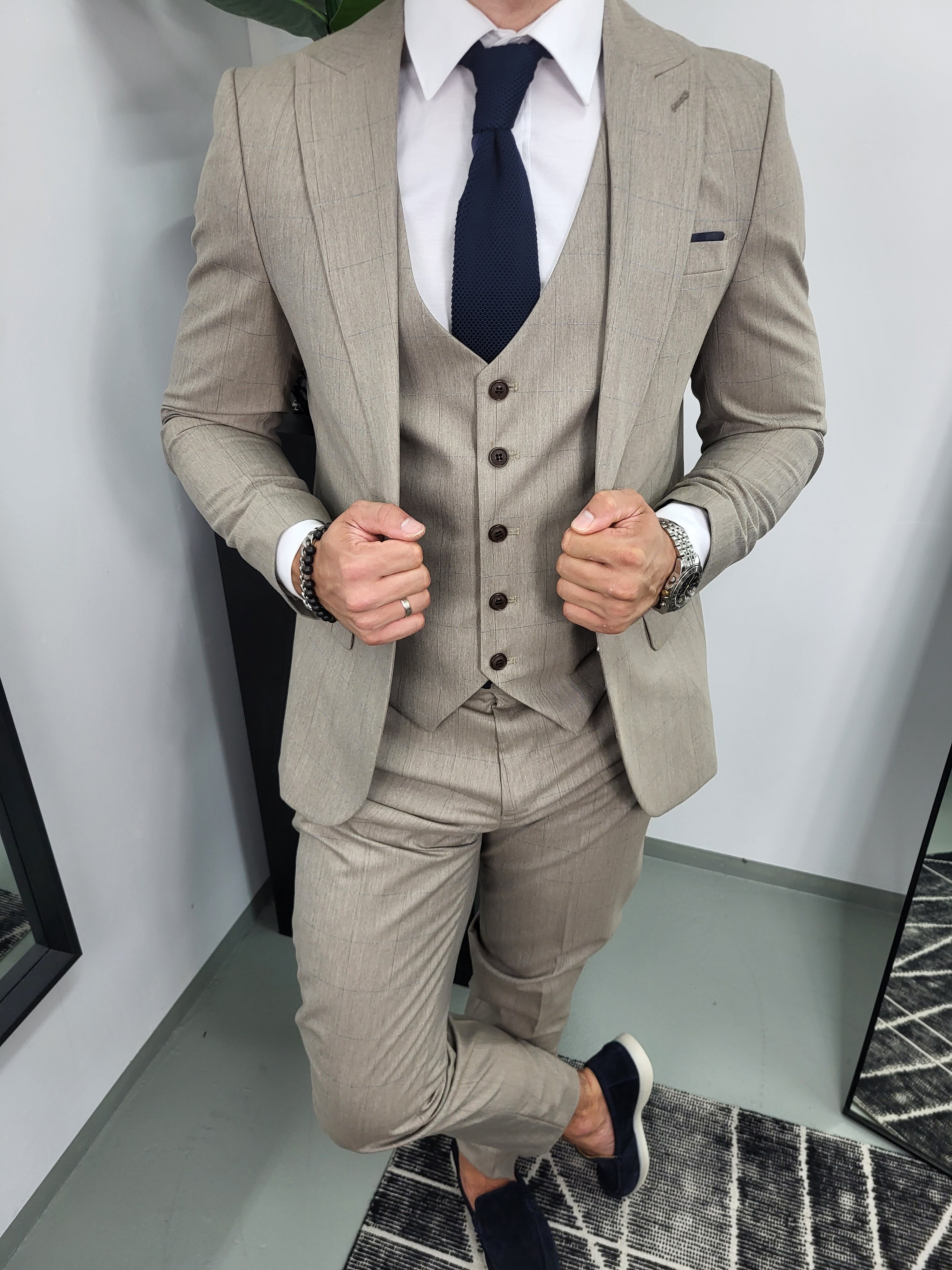 Allthemen herenpak 3-delig zakelijk pak slanke geruite blazer Allthemen herenpak 3-delig zakelijk pak slanke geruite blazer
