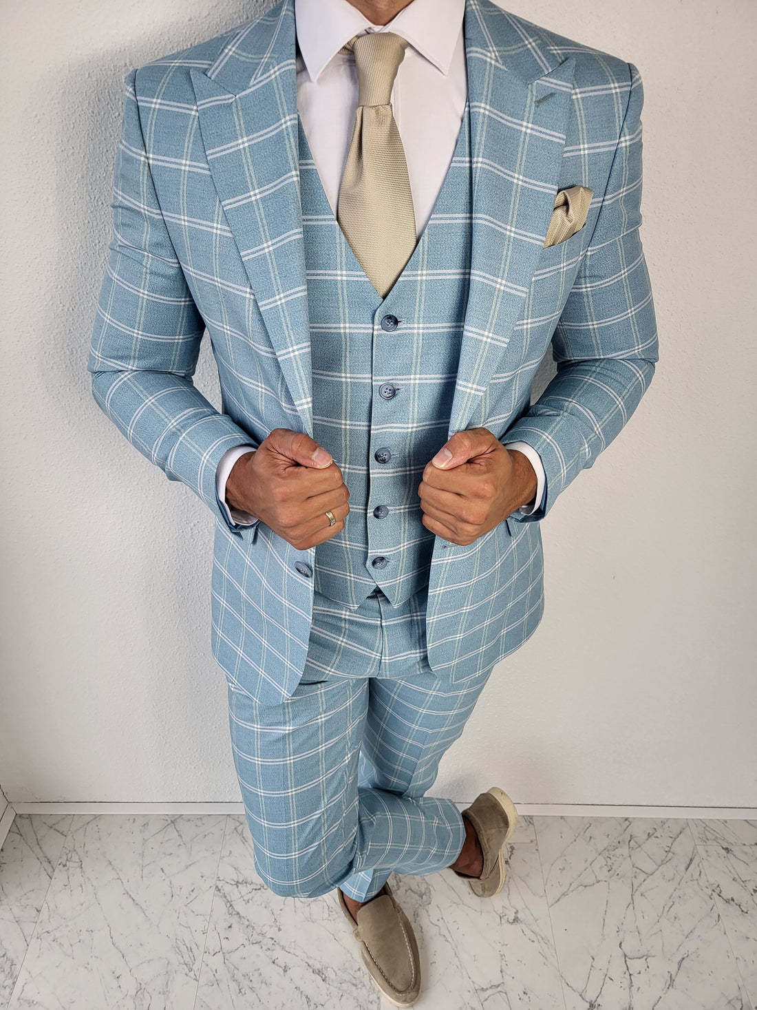 Medellin Licht Blauw Heren 3-delig Pak Geruit