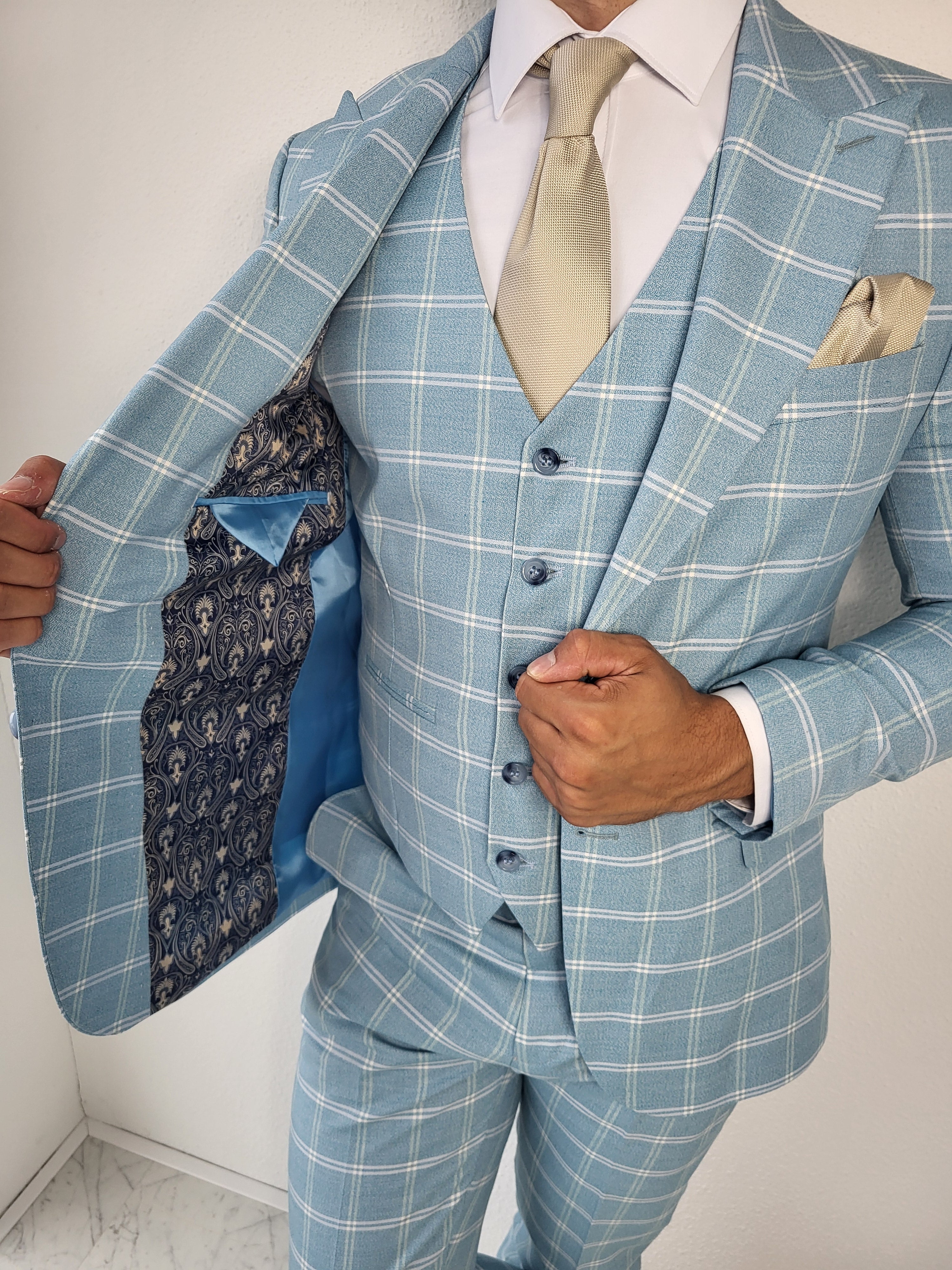 Medellin Licht Blauw Heren 3-delig Pak Geruit