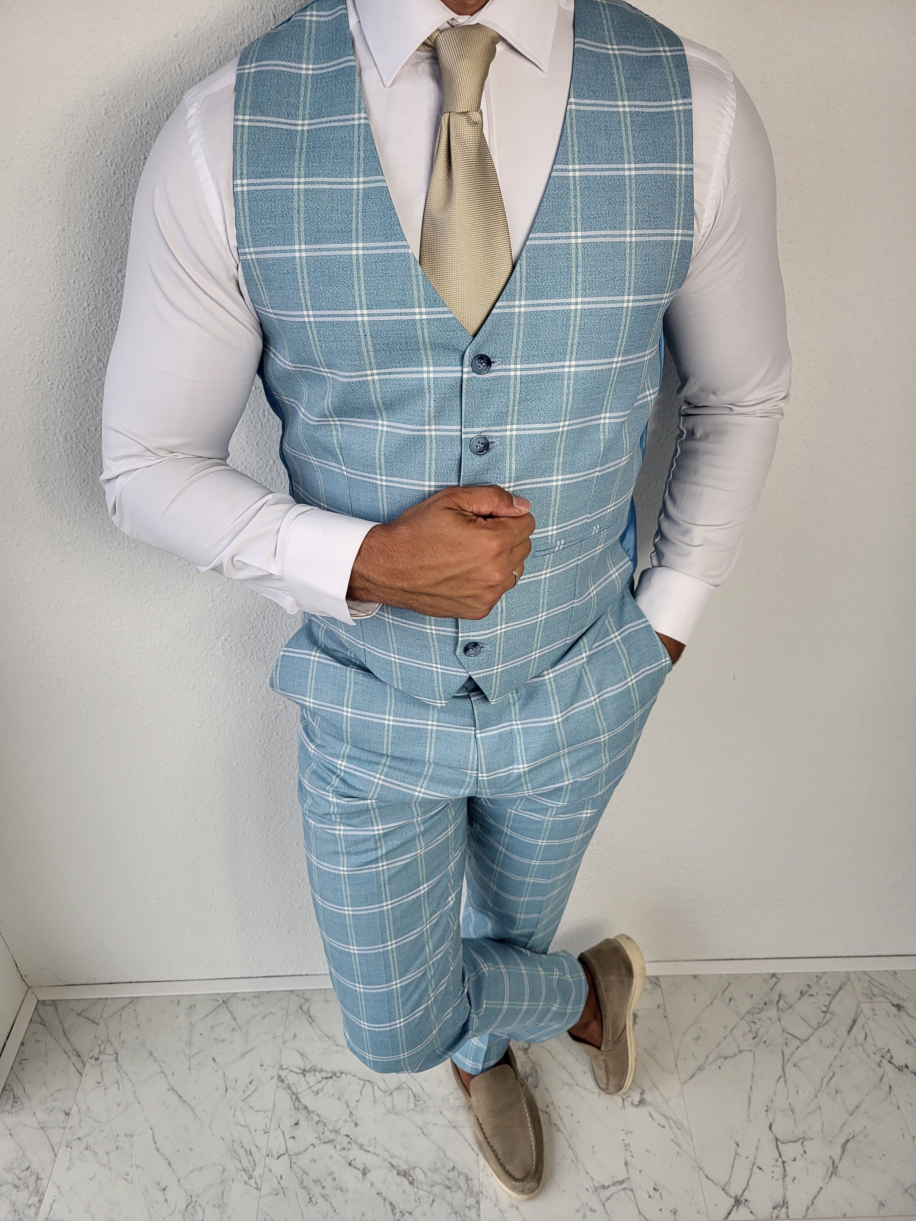 Medellin Licht Blauw Heren 3-delig Pak Geruit