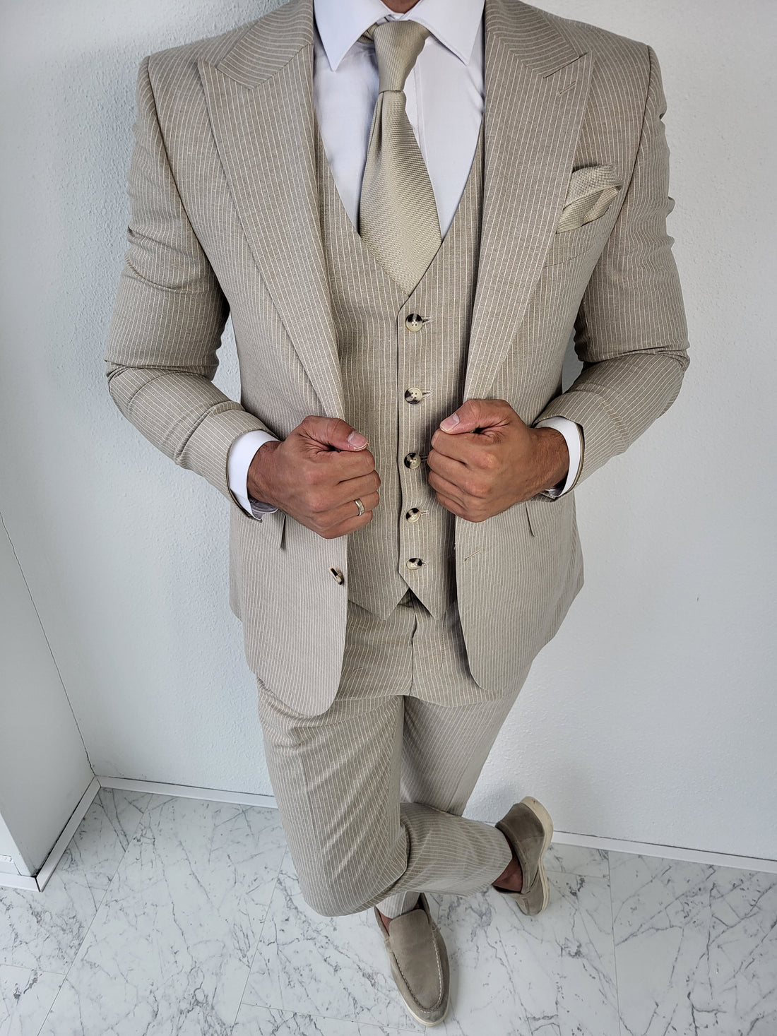 Medellin Premium Beige Heren 3-delig Pak Gestreept