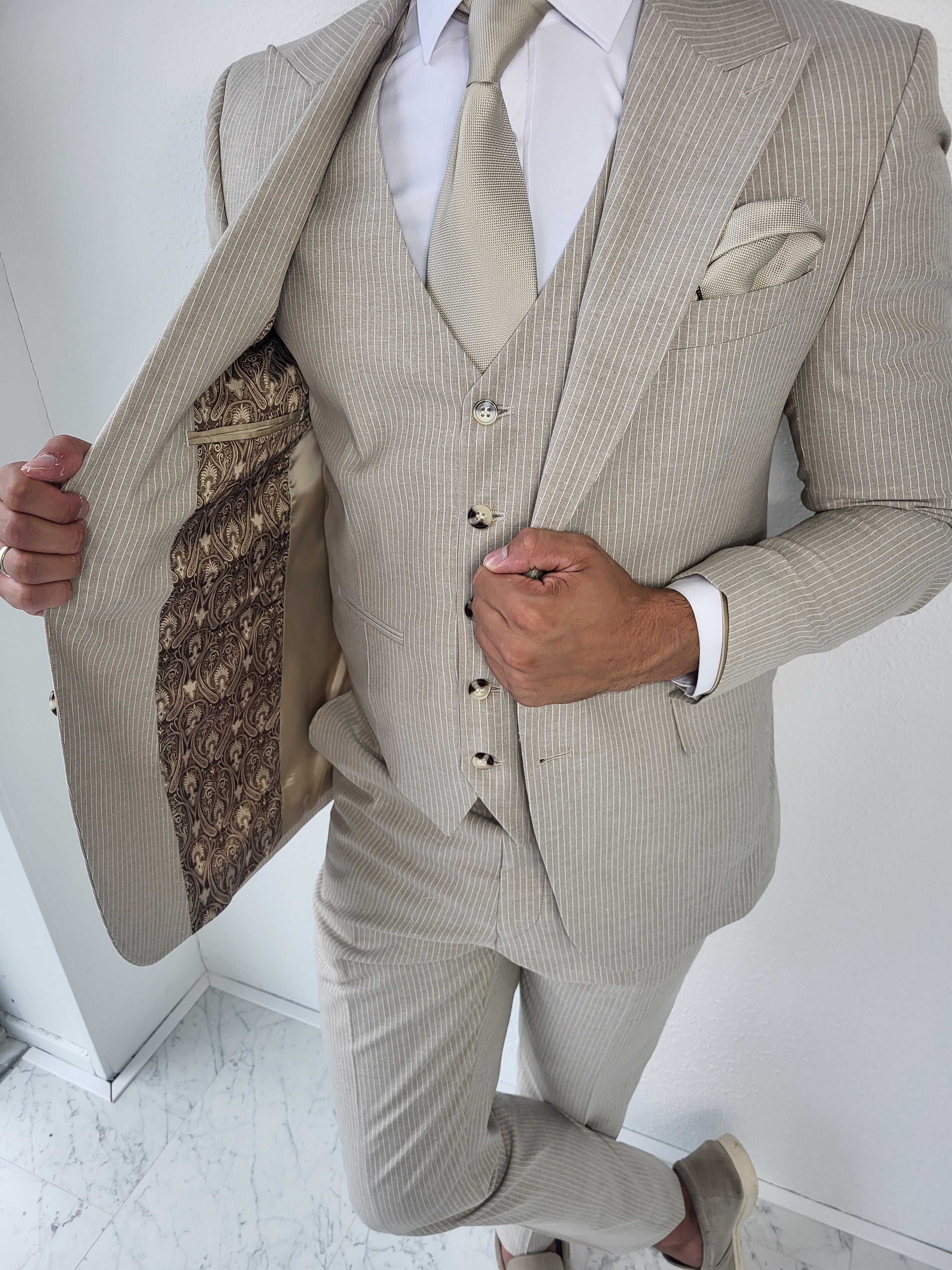 Medellin Premium Beige Heren 3-delig Pak Gestreept