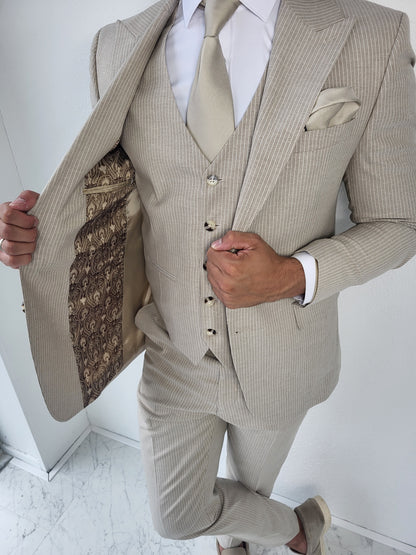 Medellin Premium Beige Heren 3-delig Pak Gestreept