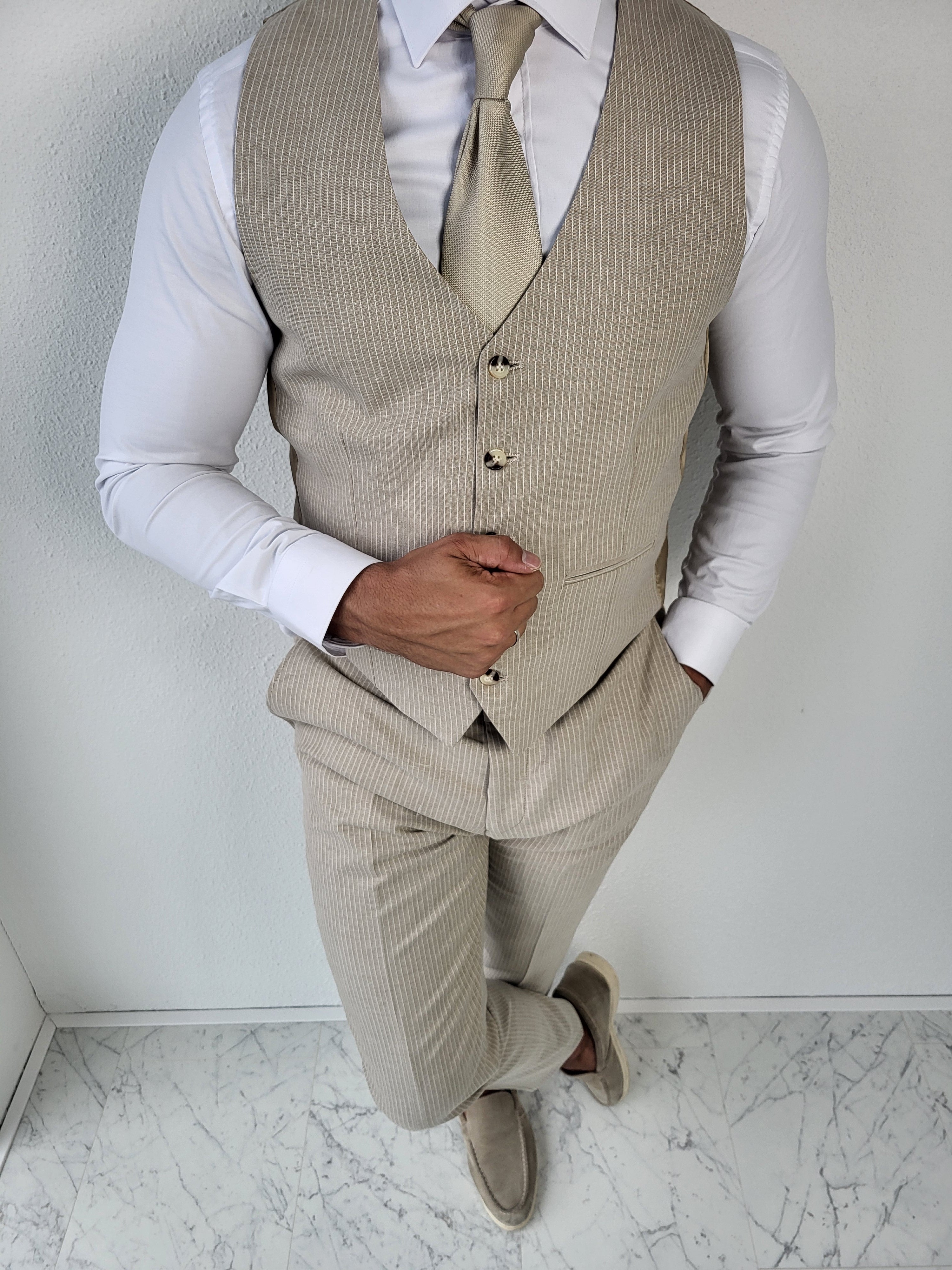 Medellin Premium Beige Heren 3-delig Pak Gestreept