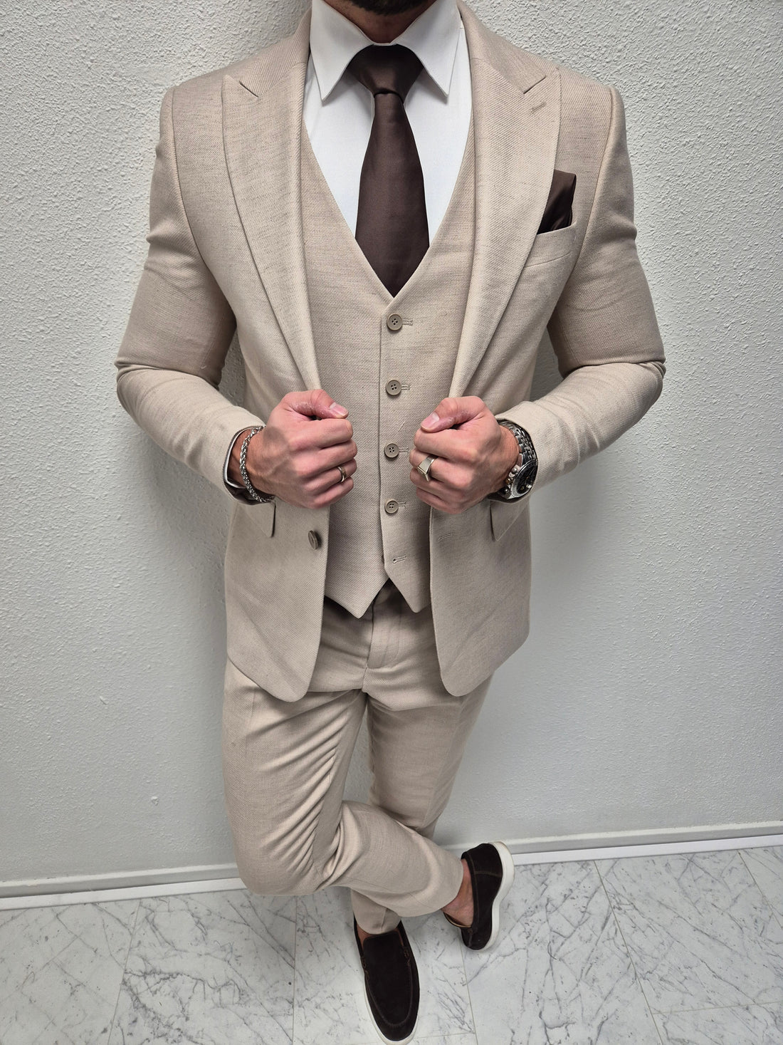 Monaco Beige Heren 3-delig Pak Patroon