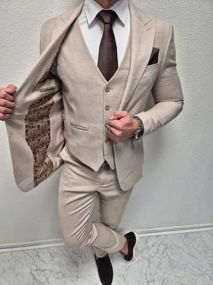 Monaco Beige Heren 3-delig Pak Patroon
