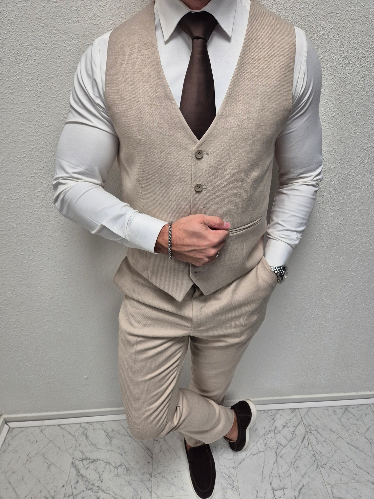 Monaco Beige Heren 3-delig Pak Patroon