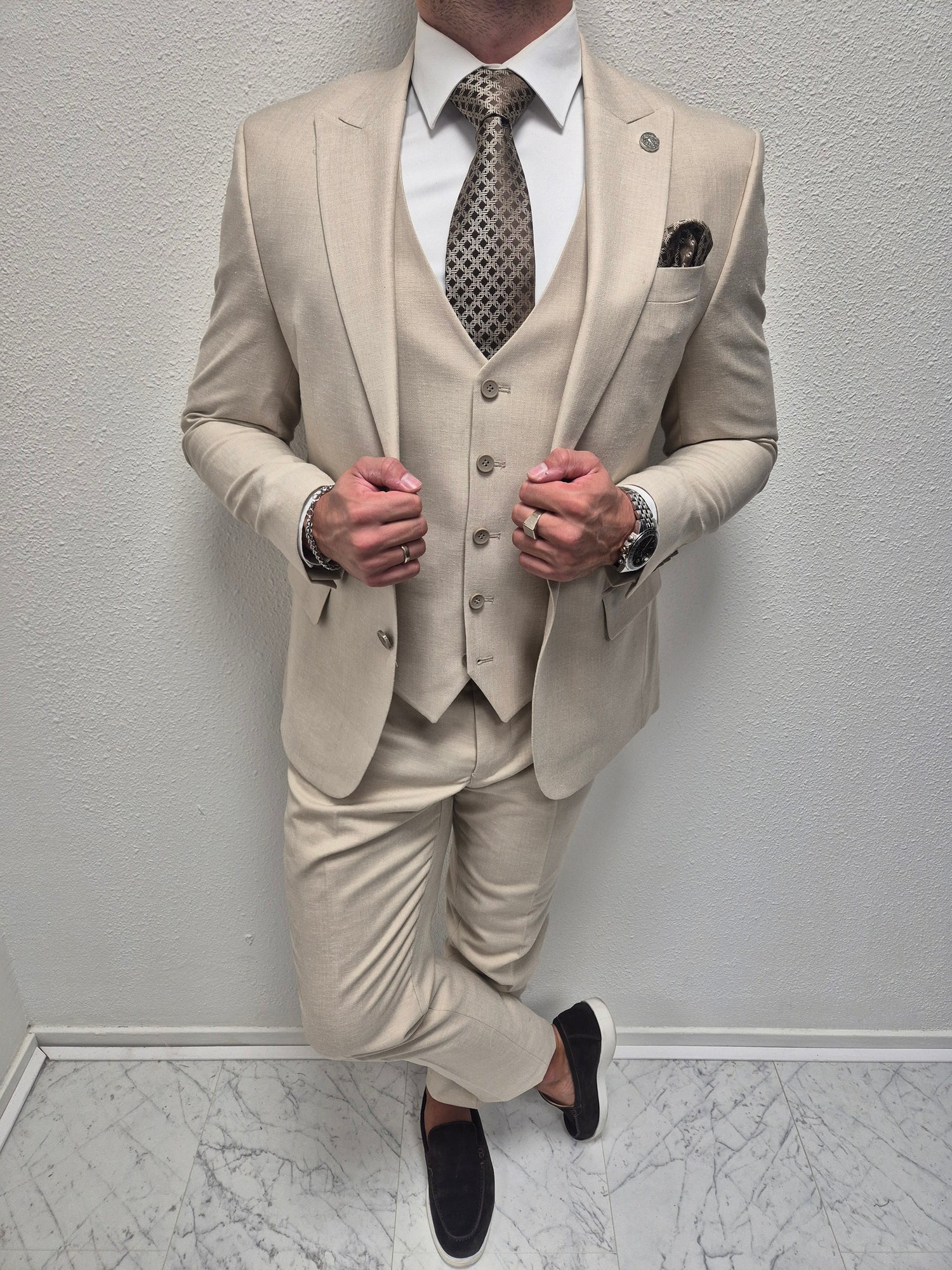 Muscat Beige Patroon Heren 3-delig Pak