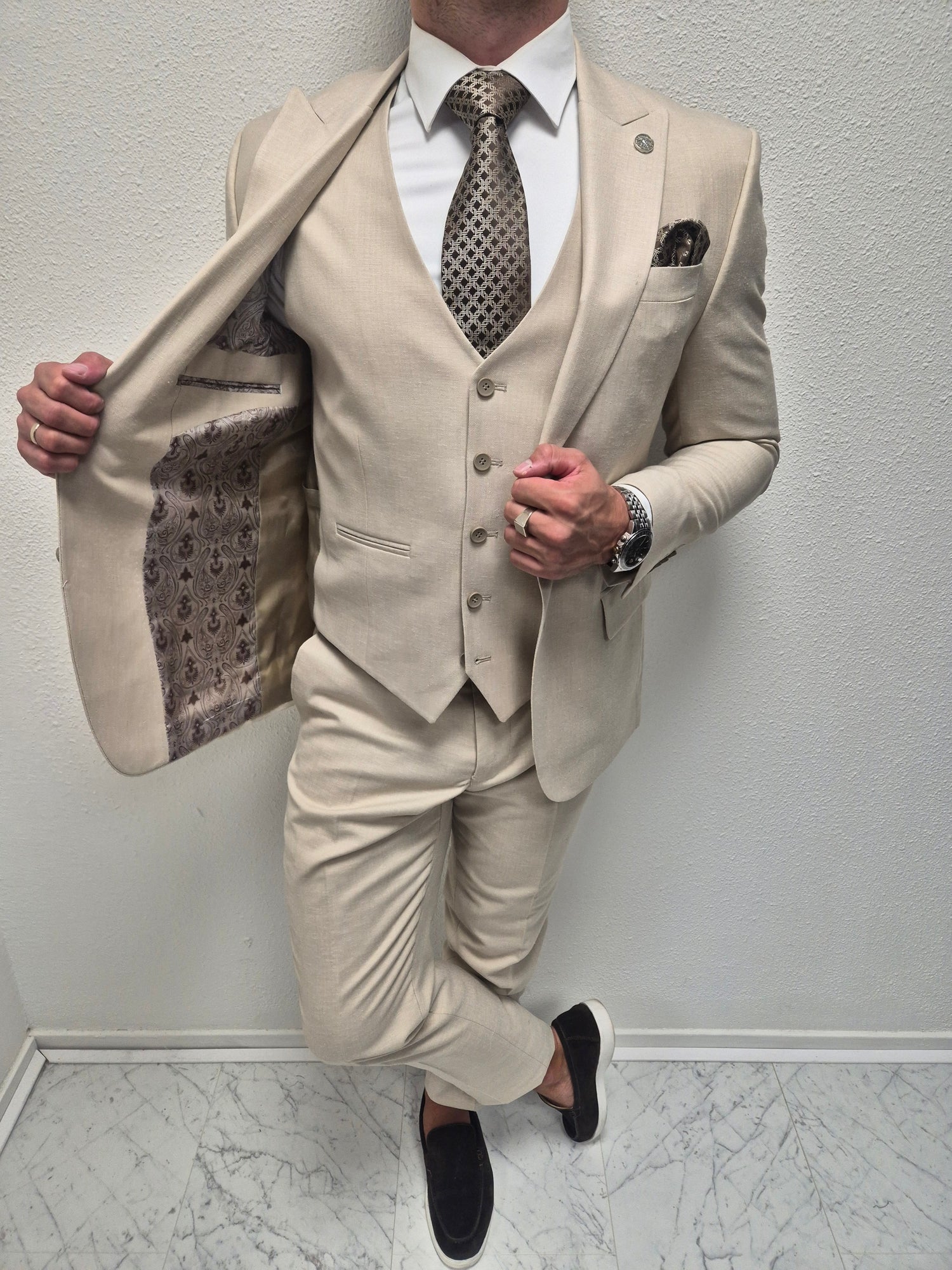 Muscat Beige Patroon Heren 3-delig Pak