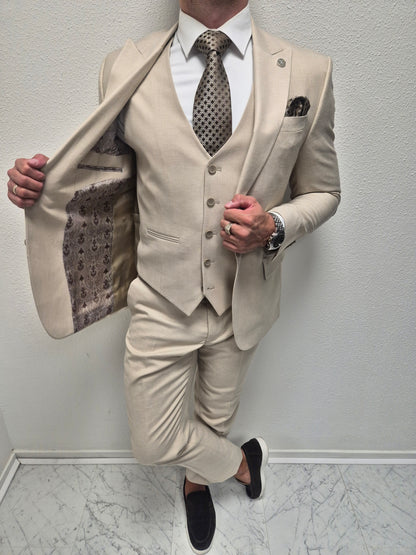 Muscat Beige Patroon Heren 3-delig Pak