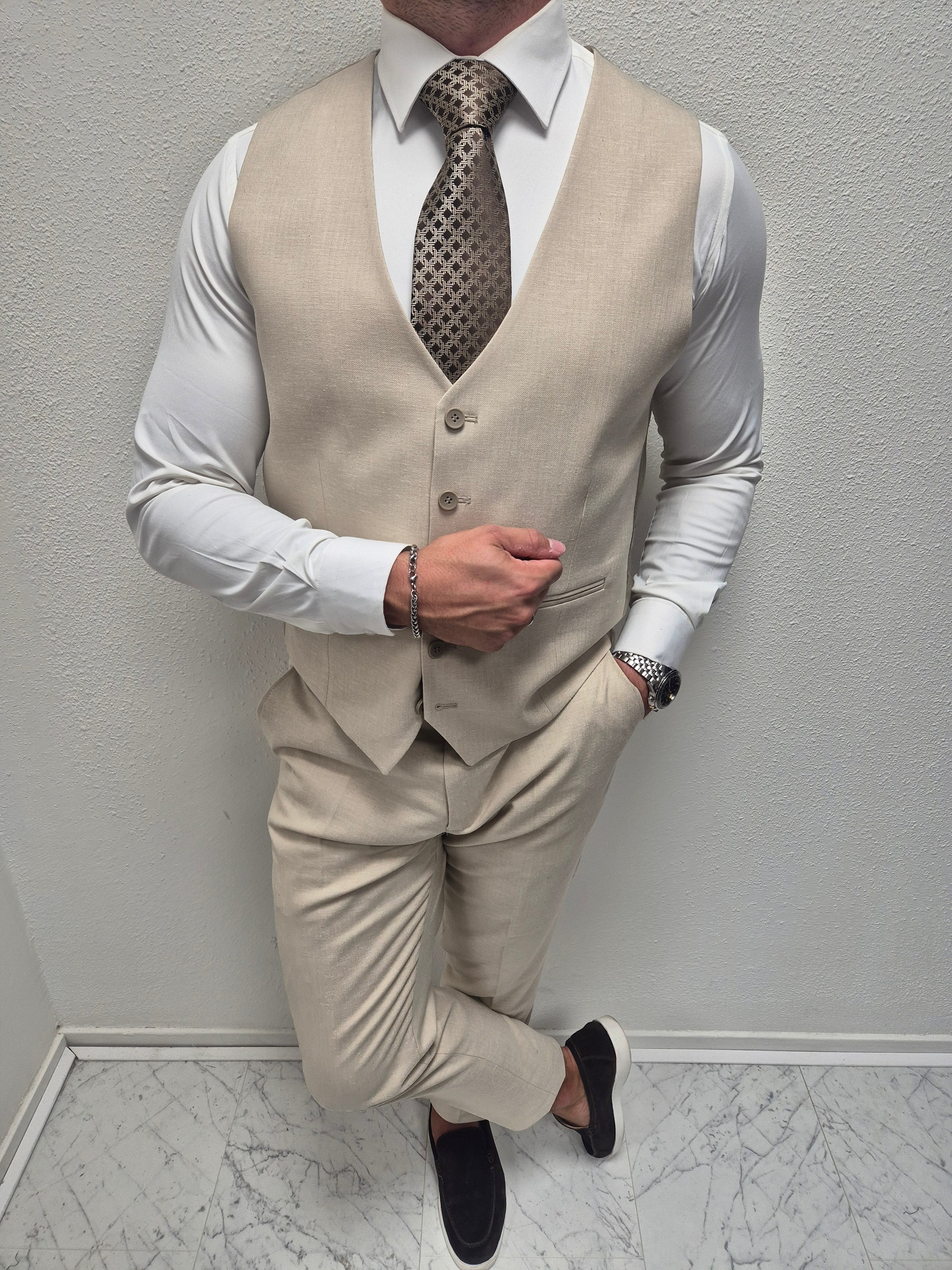 Muscat Beige Patroon Heren 3-delig Pak