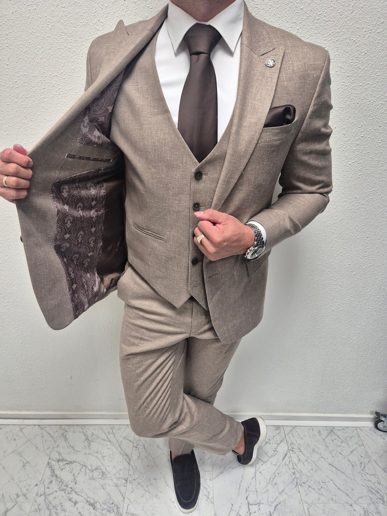 Muscat Taupe Patroon Heren 3-delig Pak