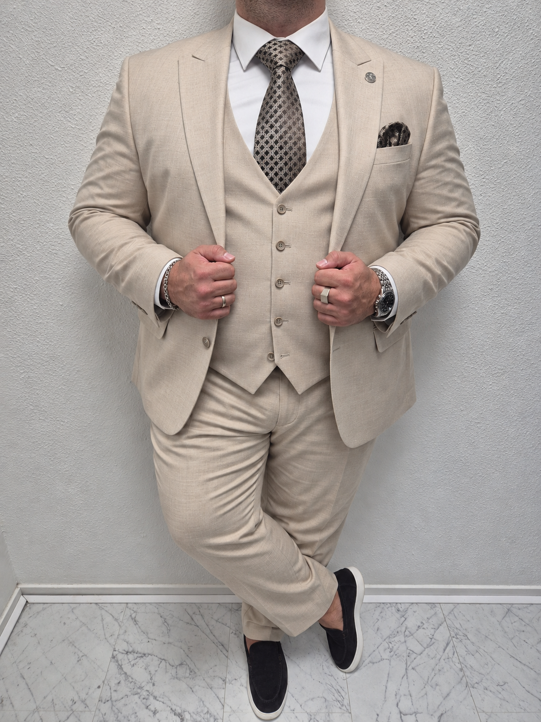 Muscat Beige Patroon Grote Maten Heren 3-delig Pak
