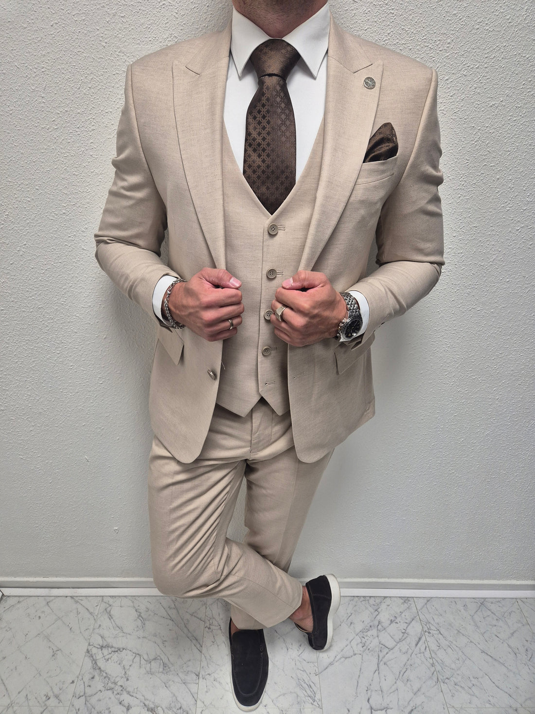Mykonos Beige Patroon Heren 3-delig Pak