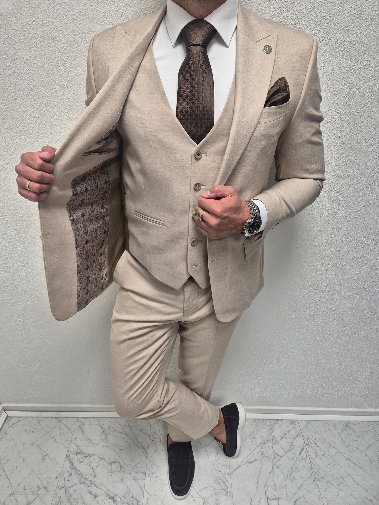 Mykonos Beige Patroon Heren 3-delig Pak