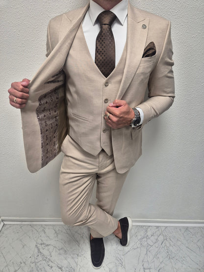 Mykonos Beige Patroon Heren 3-delig Pak