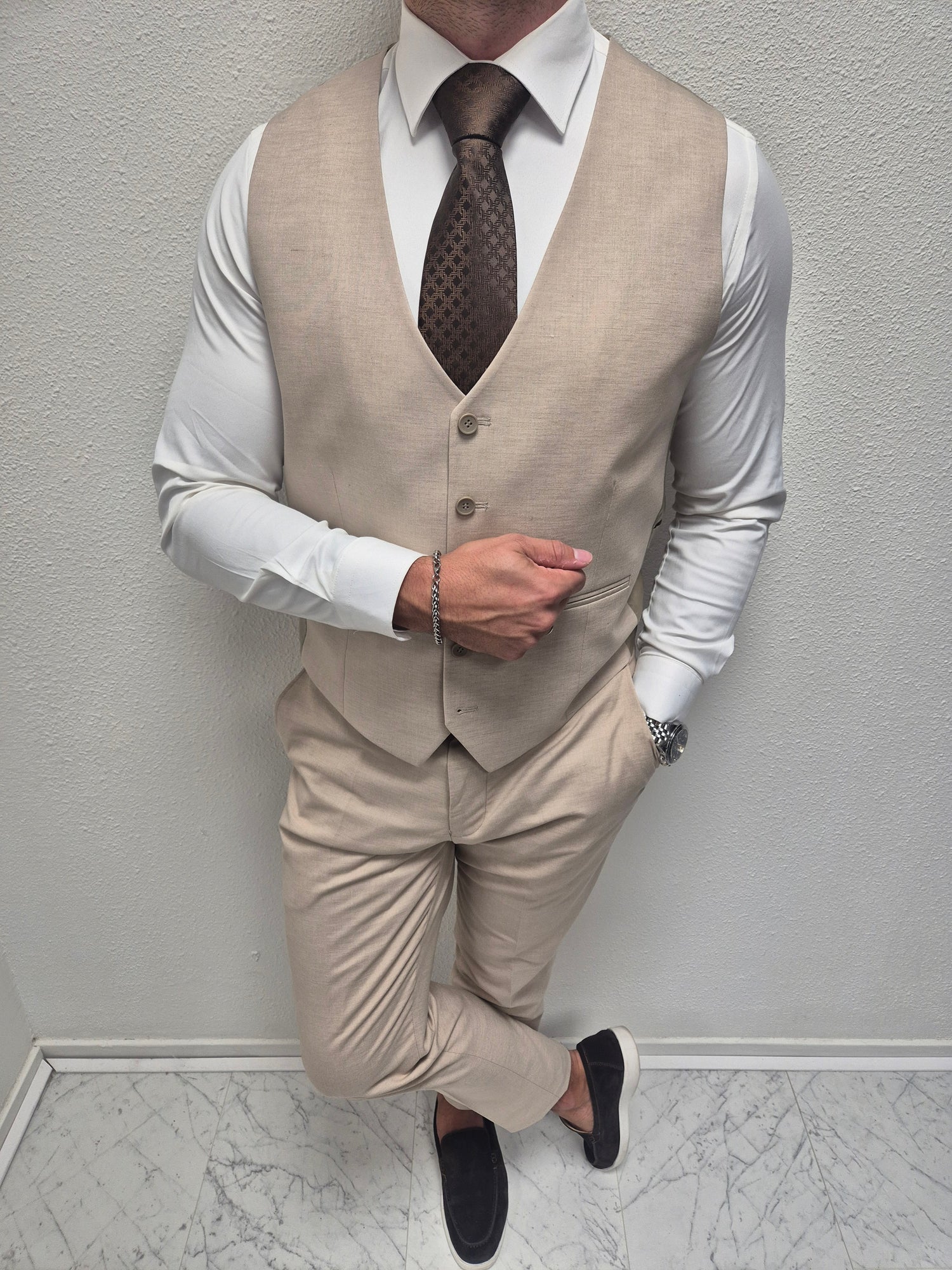 Mykonos Beige Patroon Heren 3-delig Pak