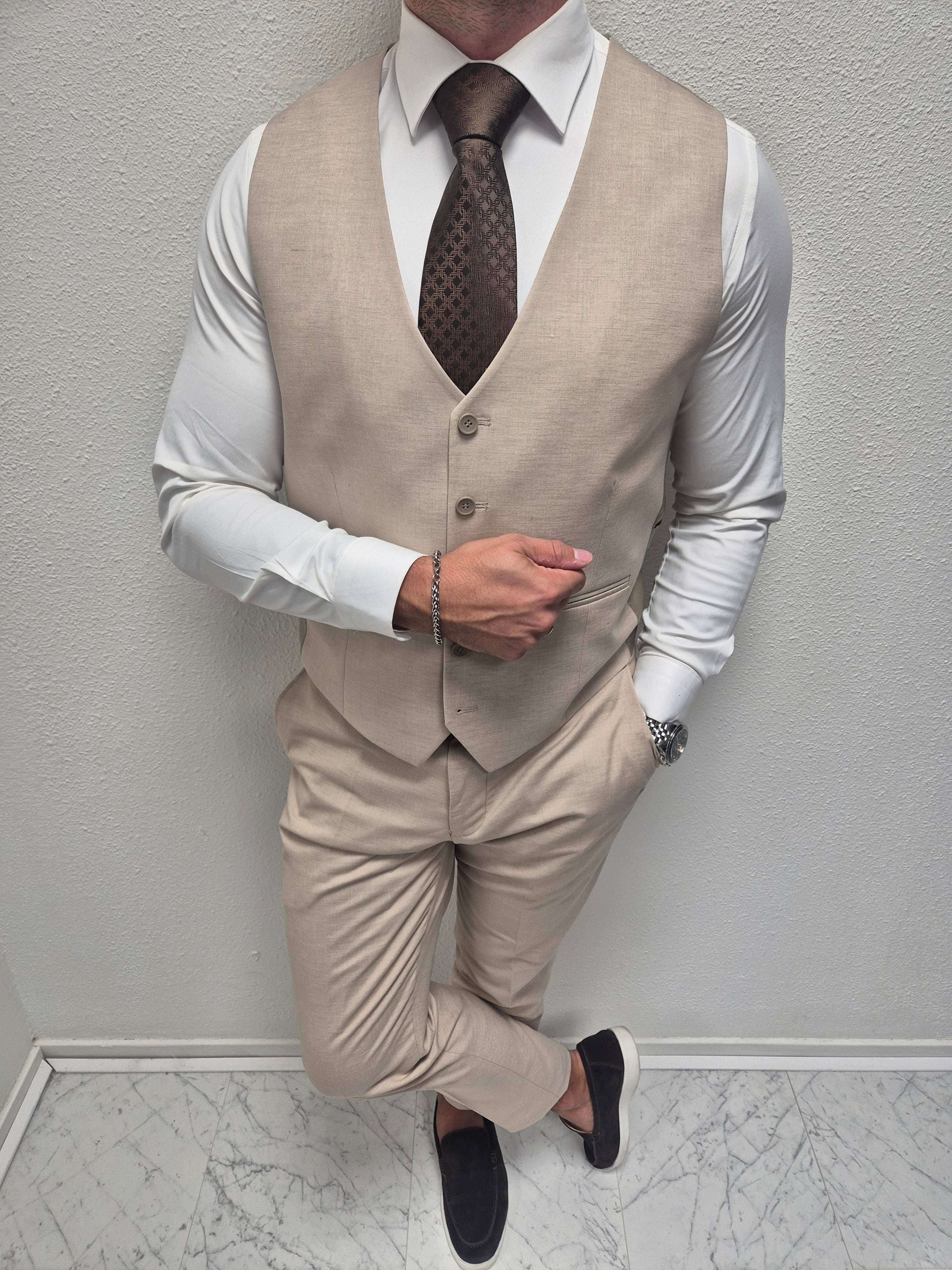 Mykonos Beige Patroon Heren 3-delig Pak