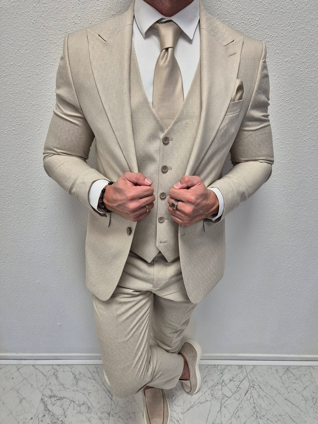 Positano Pastel Beige Heren 3-delig Pak Patroon