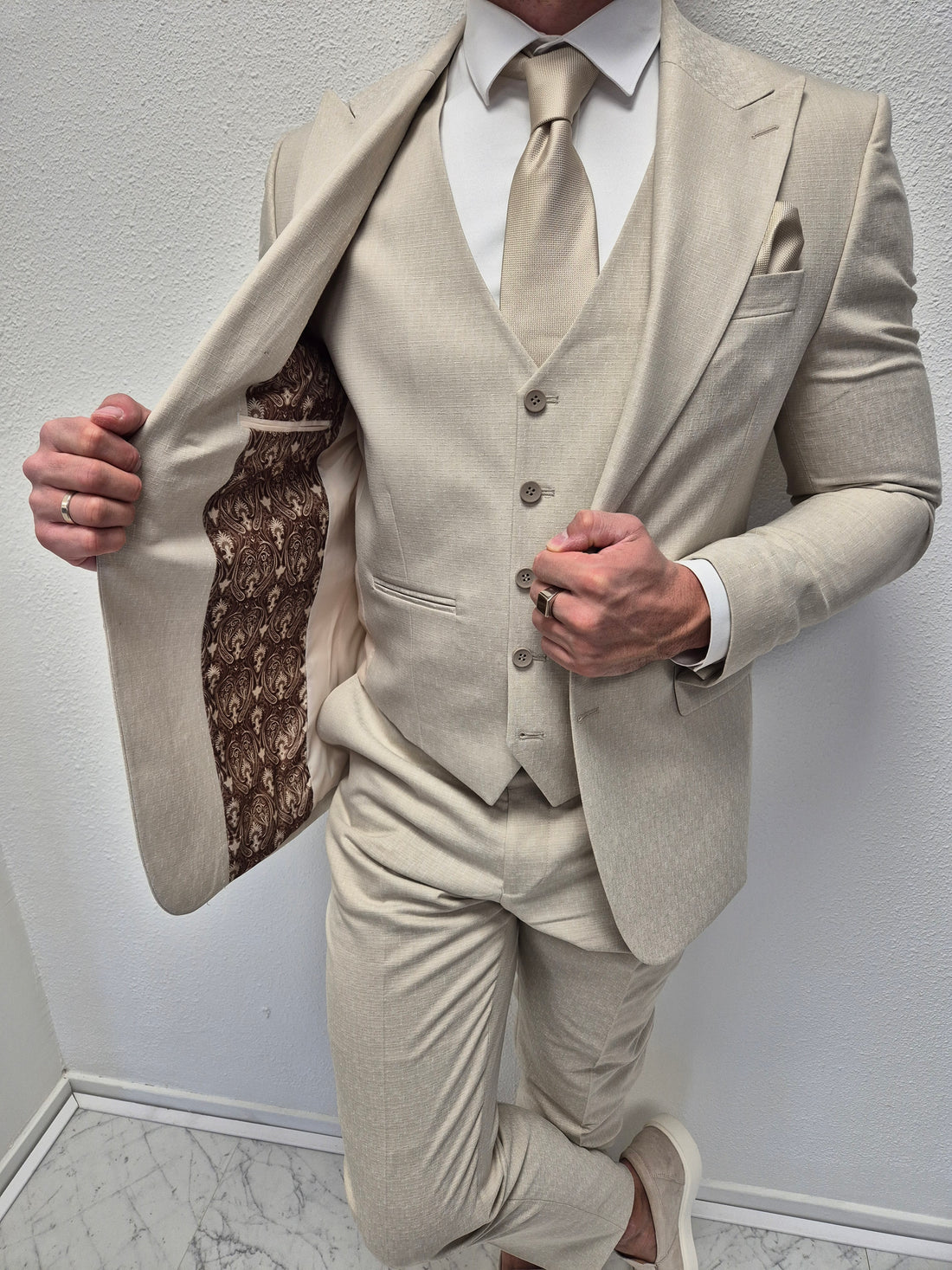 Positano Pastel Beige Heren 3-delig Pak Patroon