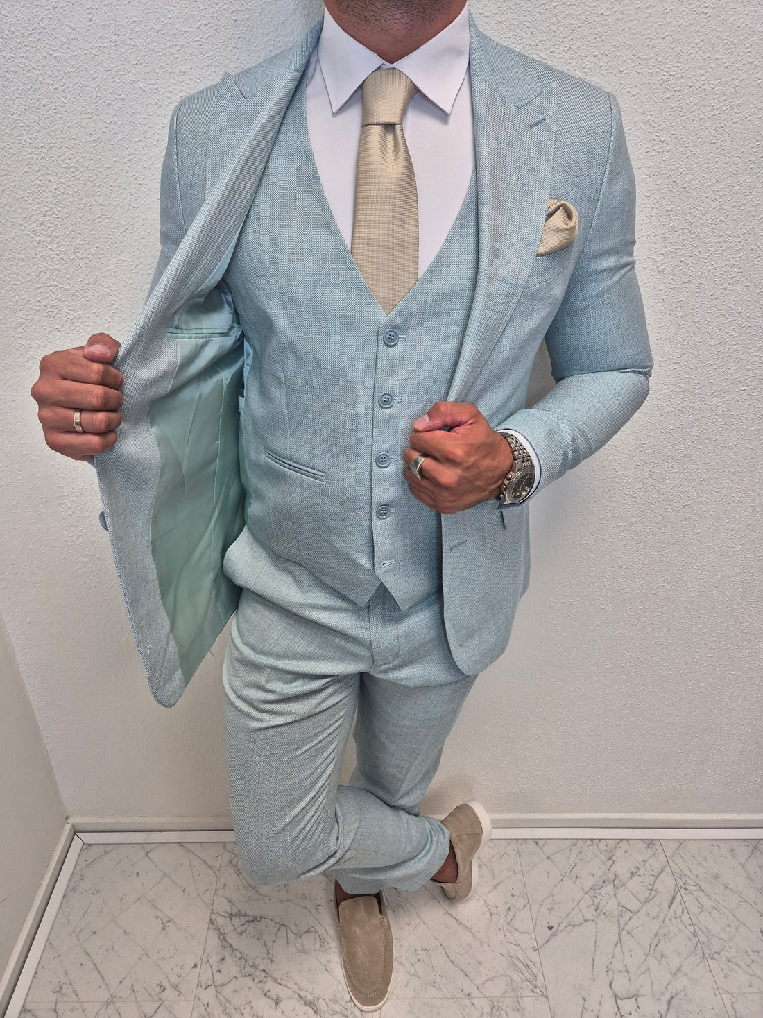 Rhodos Turquoise Blauw Heren 3-delig Pak Patroon