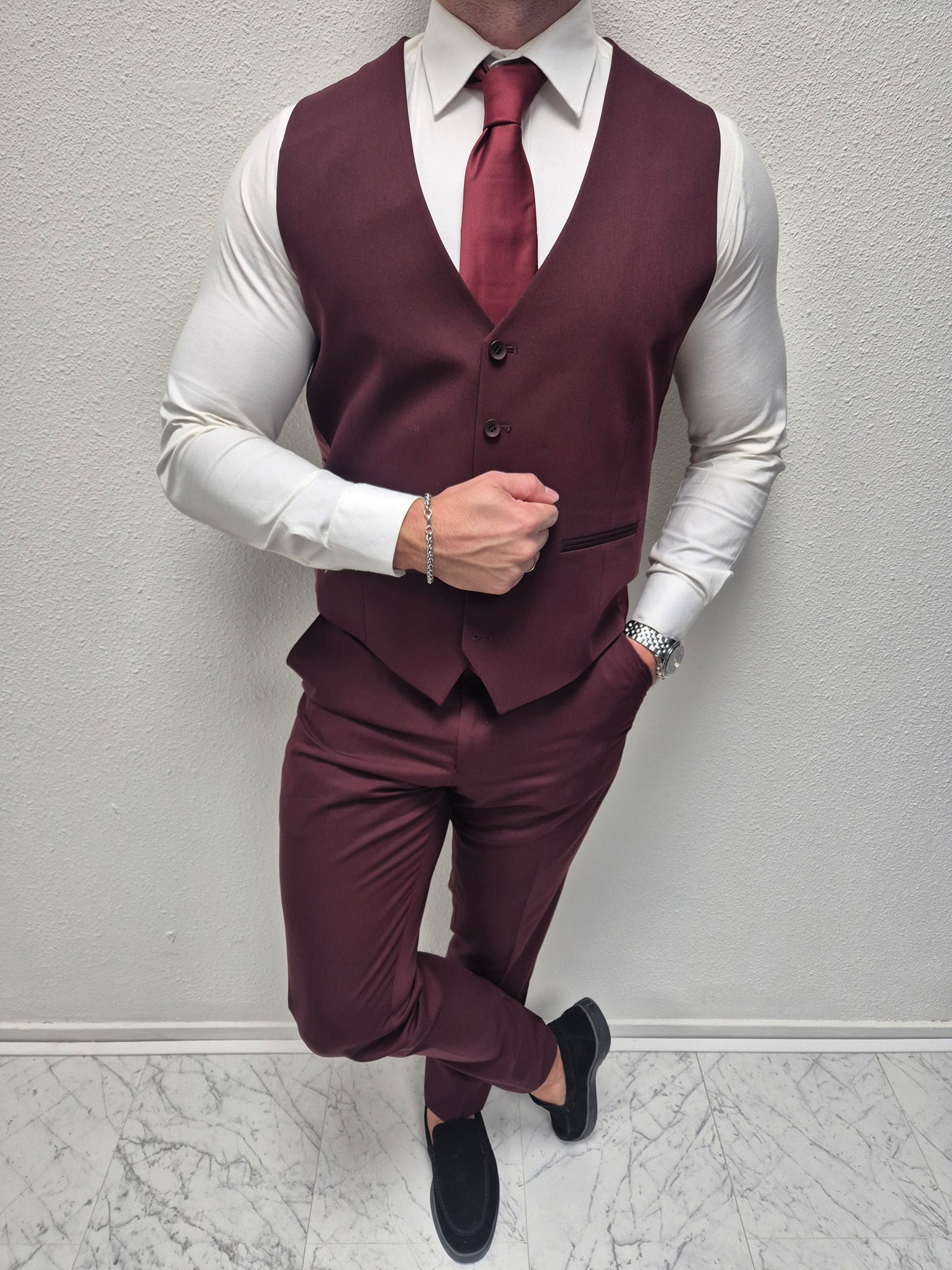 Salento Bordeaux Rood Heren 3-delig Pak Klassiek