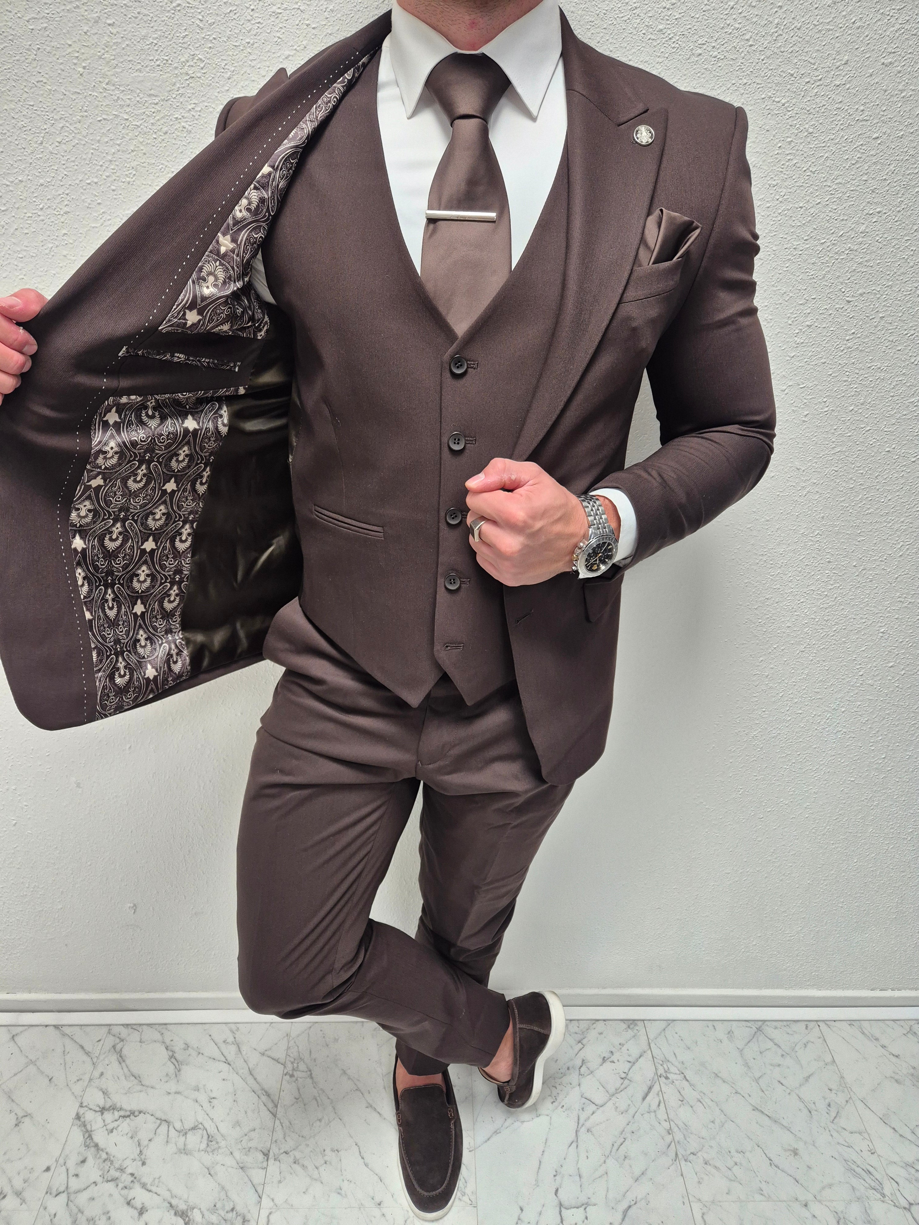 Salento Donker Bruin Heren 3-delig Pak Gestreept