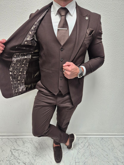 Salento Donker Bruin Heren 3-delig Pak Gestreept