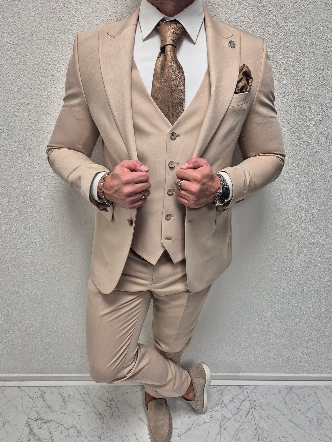 Salento Zand Beige Heren 3-delig Pak Klassiek