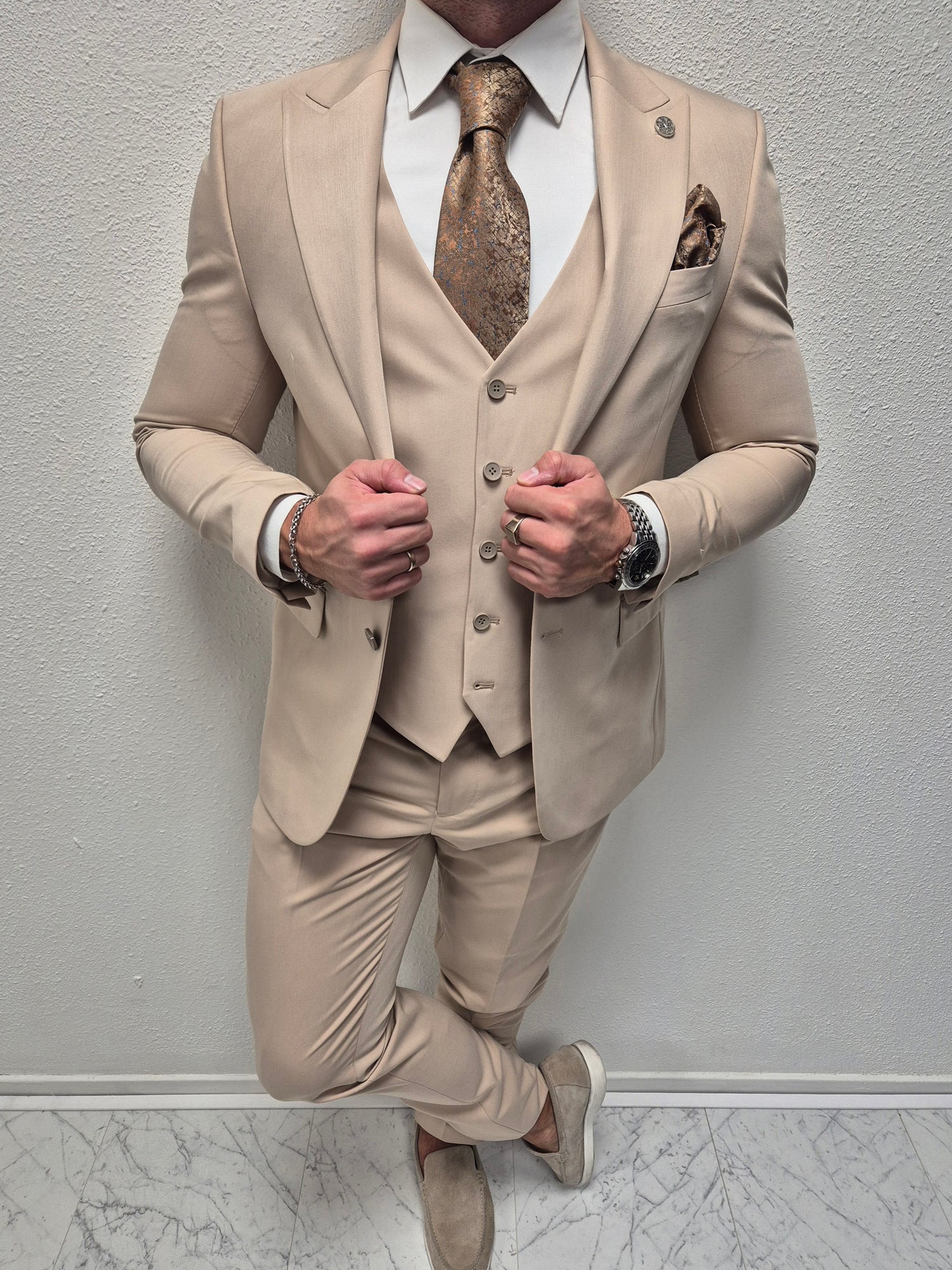 Salento Zand Beige Heren 3-delig Pak Klassiek
