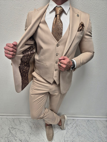 Salento Zand Beige Heren 3-delig Pak Klassiek