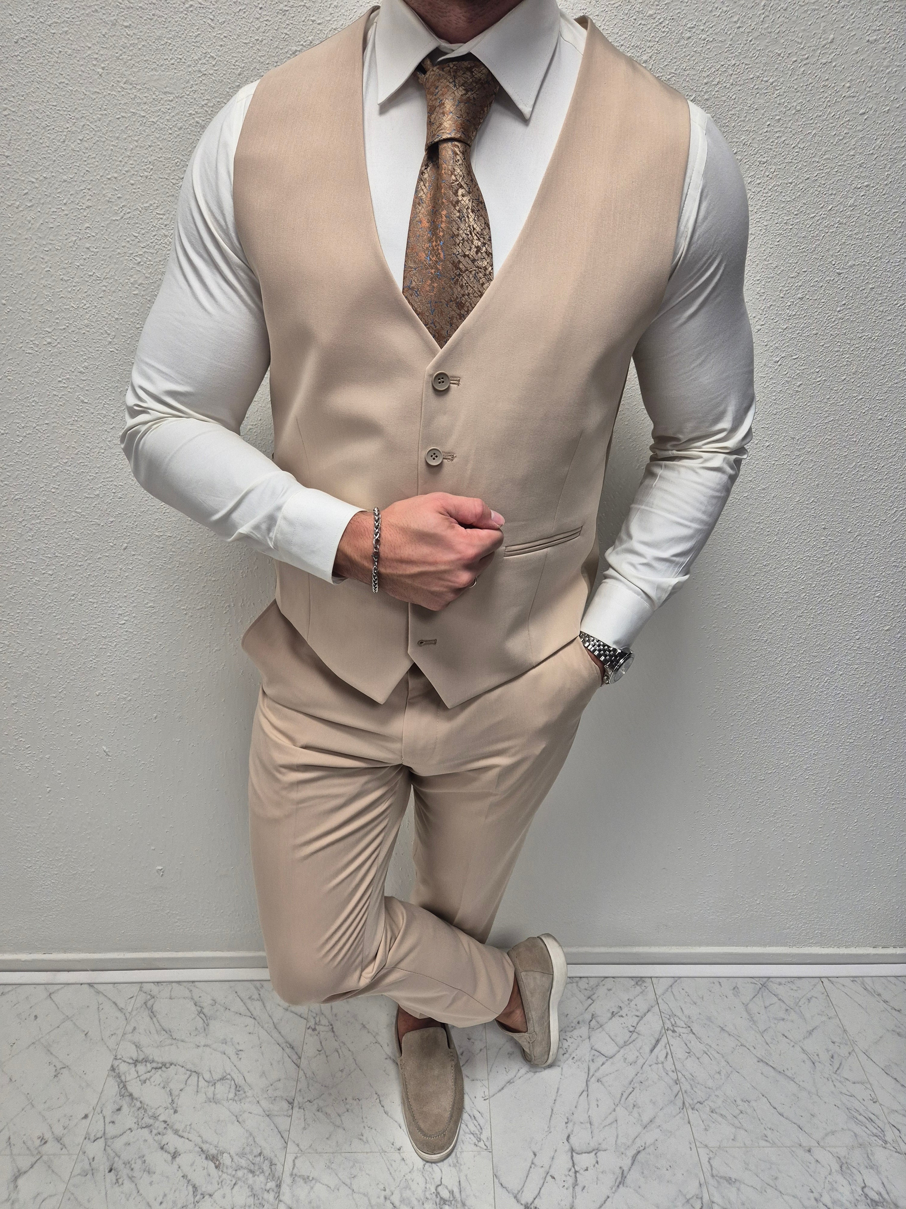 Salento Zand Beige Heren 3-delig Pak Klassiek