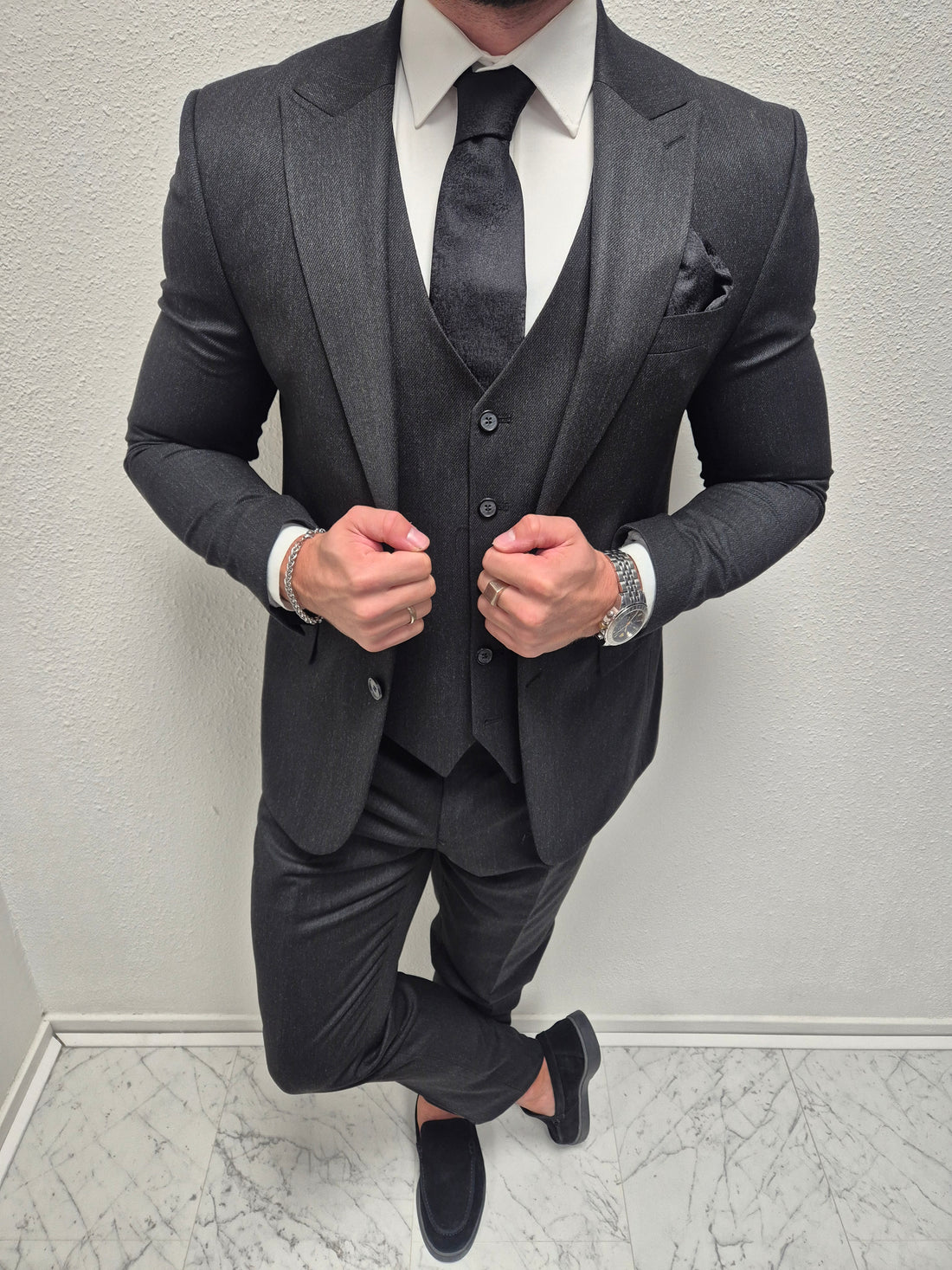 Salento Zwart Heren 3-delig Pak Patroon