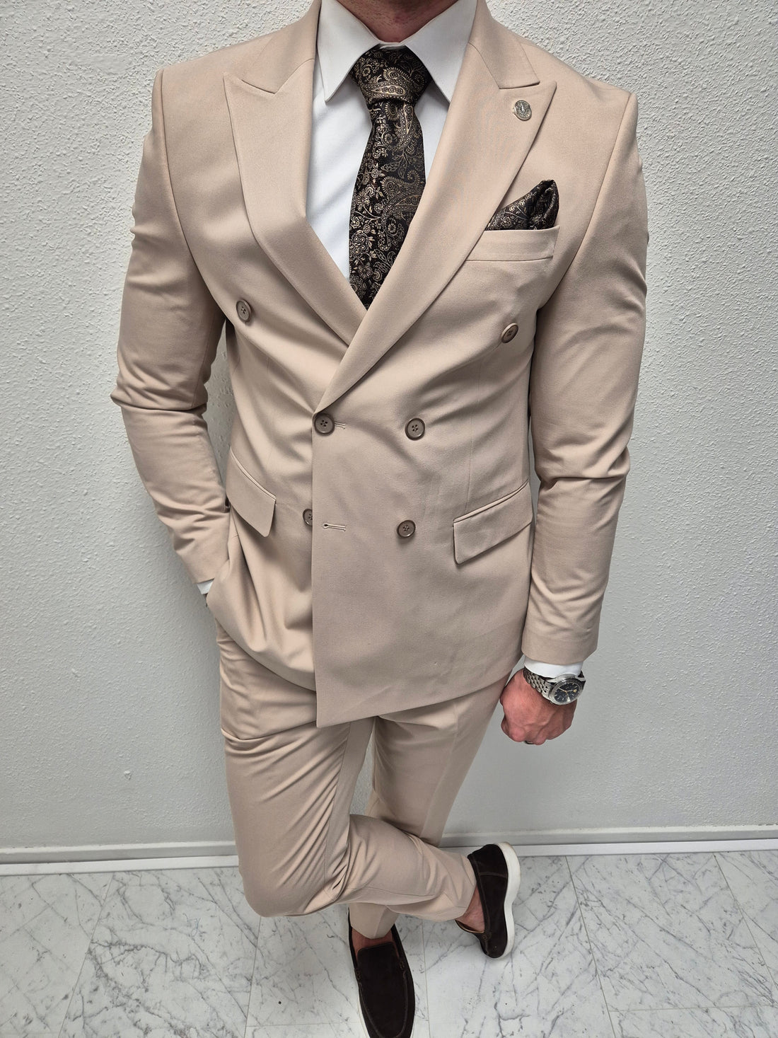 Salvador Beige Double Breasted Heren 2-delig Pak Klassiek