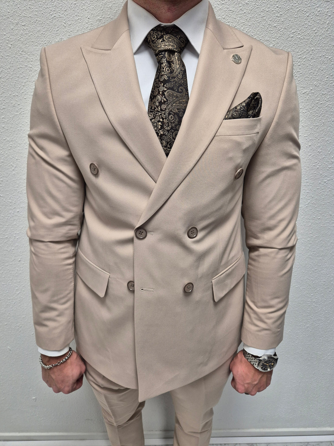 Salvador Beige Double Breasted Heren 2-delig Pak Klassiek