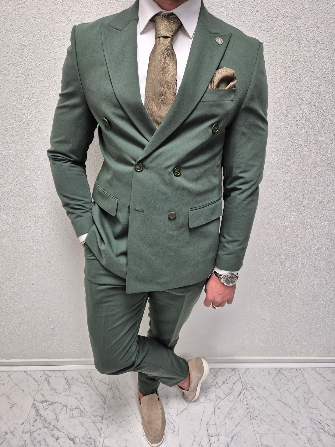 Salvador Groen Double Breasted Heren 2-delig Pak Klassiek