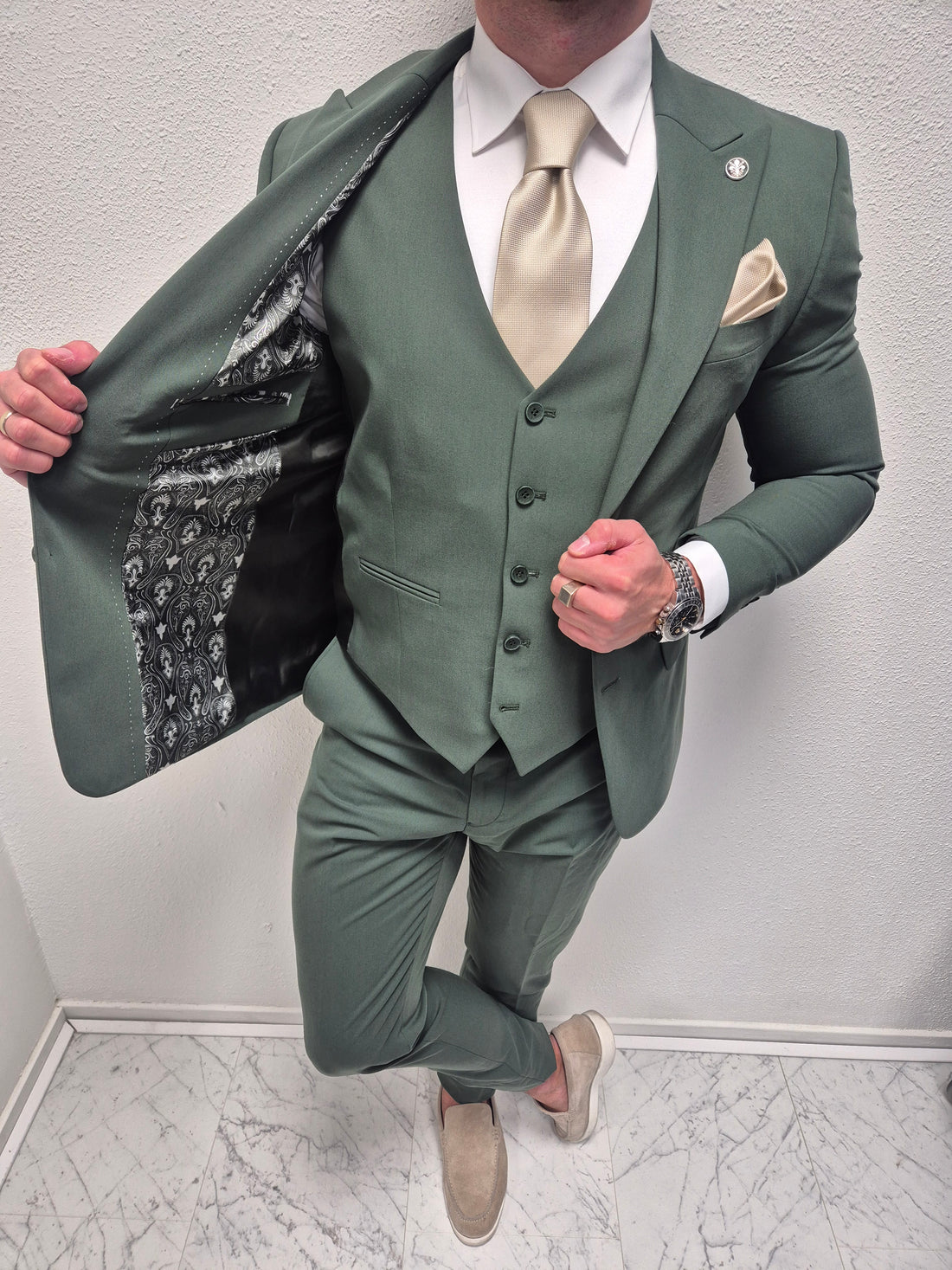 Salvador Groen Heren 3-delig Pak Klassiek