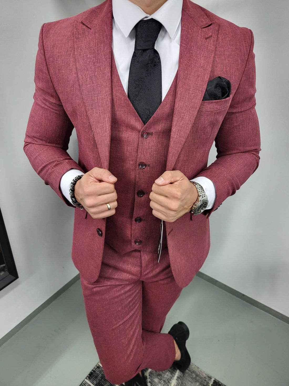 Santos Premium Heren 3-delig Pak Bordeaux Rood Patroon