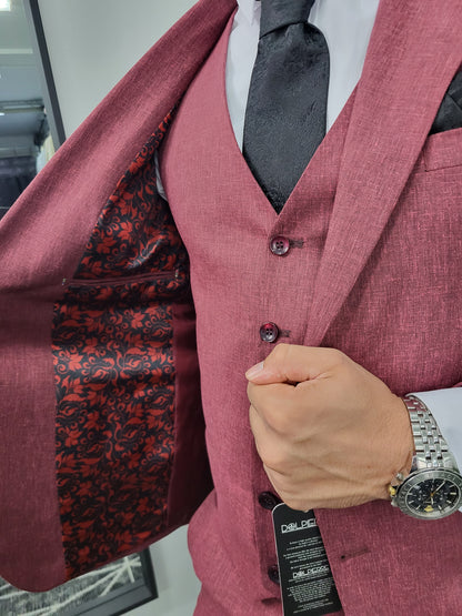 Santos Premium Heren 3-delig Pak Bordeaux Rood Patroon